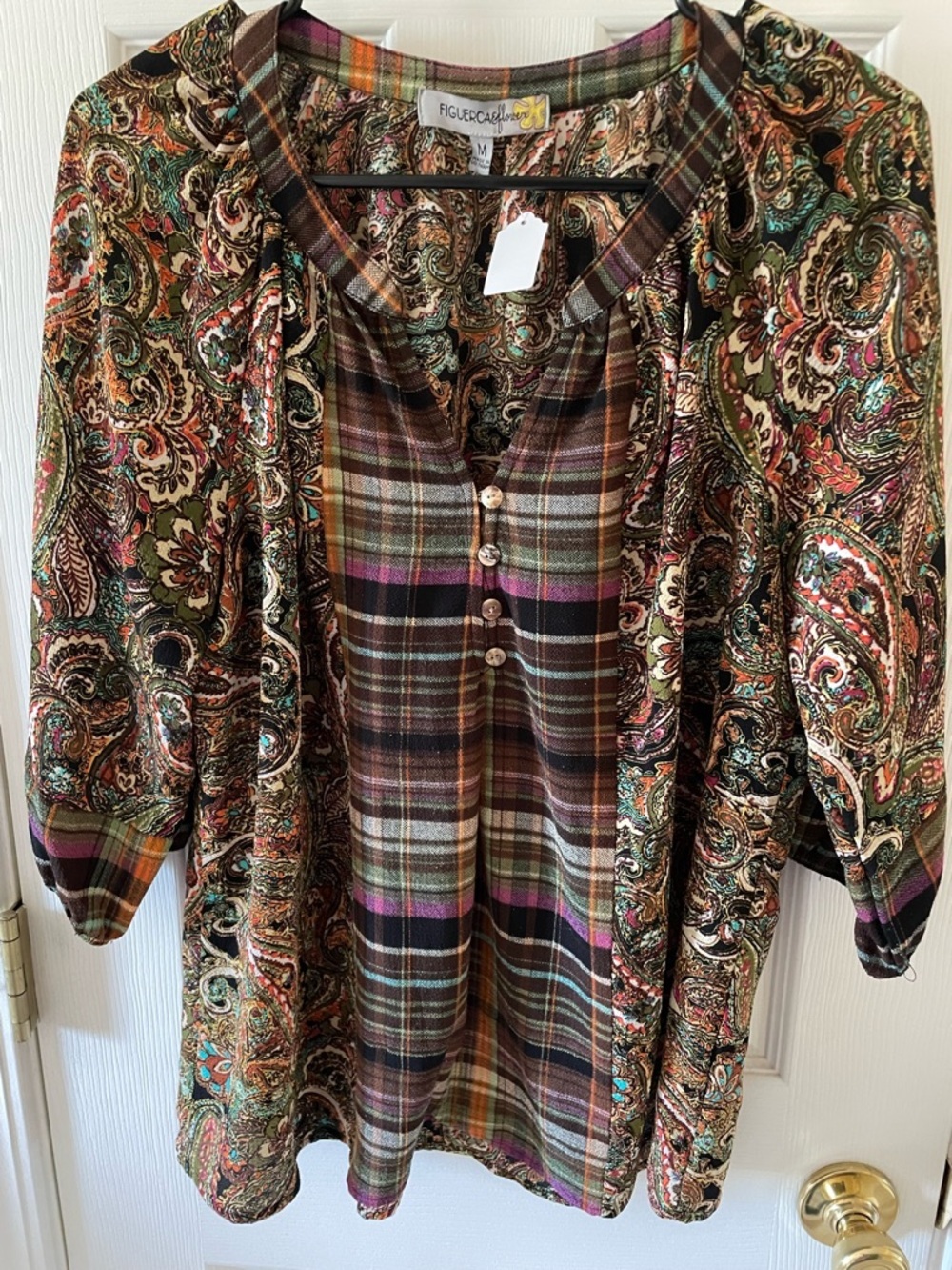 FIGUEROA & FLOWERS Paisley Plaid Mixed Print Boho Blouse Size M